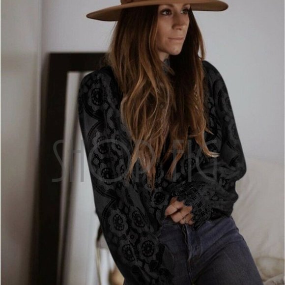 New Bohemian Black Lace Long Sleeve Blouse Top - Picture 2 of 8